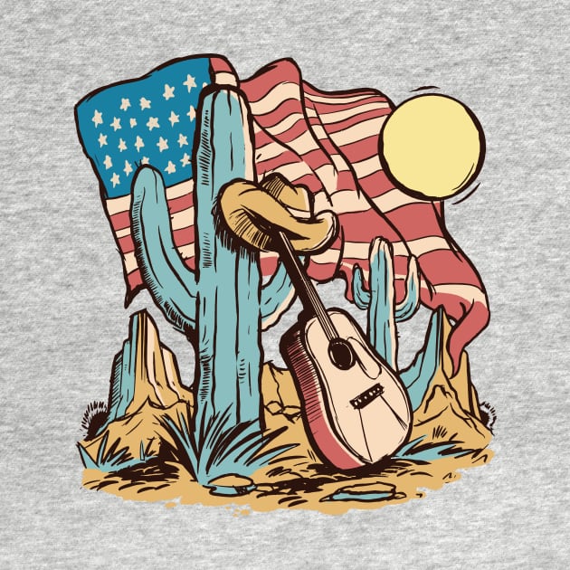 Vintage American Southwest Cartoon with Cactus, Guitar & American Flag by SLAG_Creative